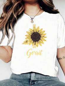 Conjuntos de mujer "Sunflowers" con estampado informal, adecuado para el trabajo diario y uso familiar, camiseta de manga corta con cuello redondo para mujer. - Blanco - Ver 1
