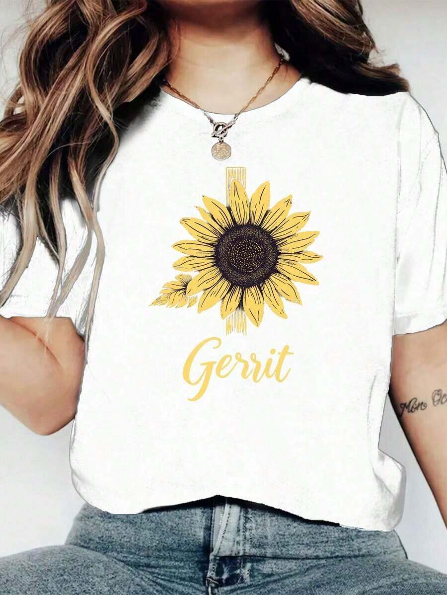 Conjuntos de mujer "Sunflowers" con estampado informal, adecuado para el trabajo diario y uso familiar, camiseta de manga corta con cuello redondo para mujer. - Blanco - Ver 1
