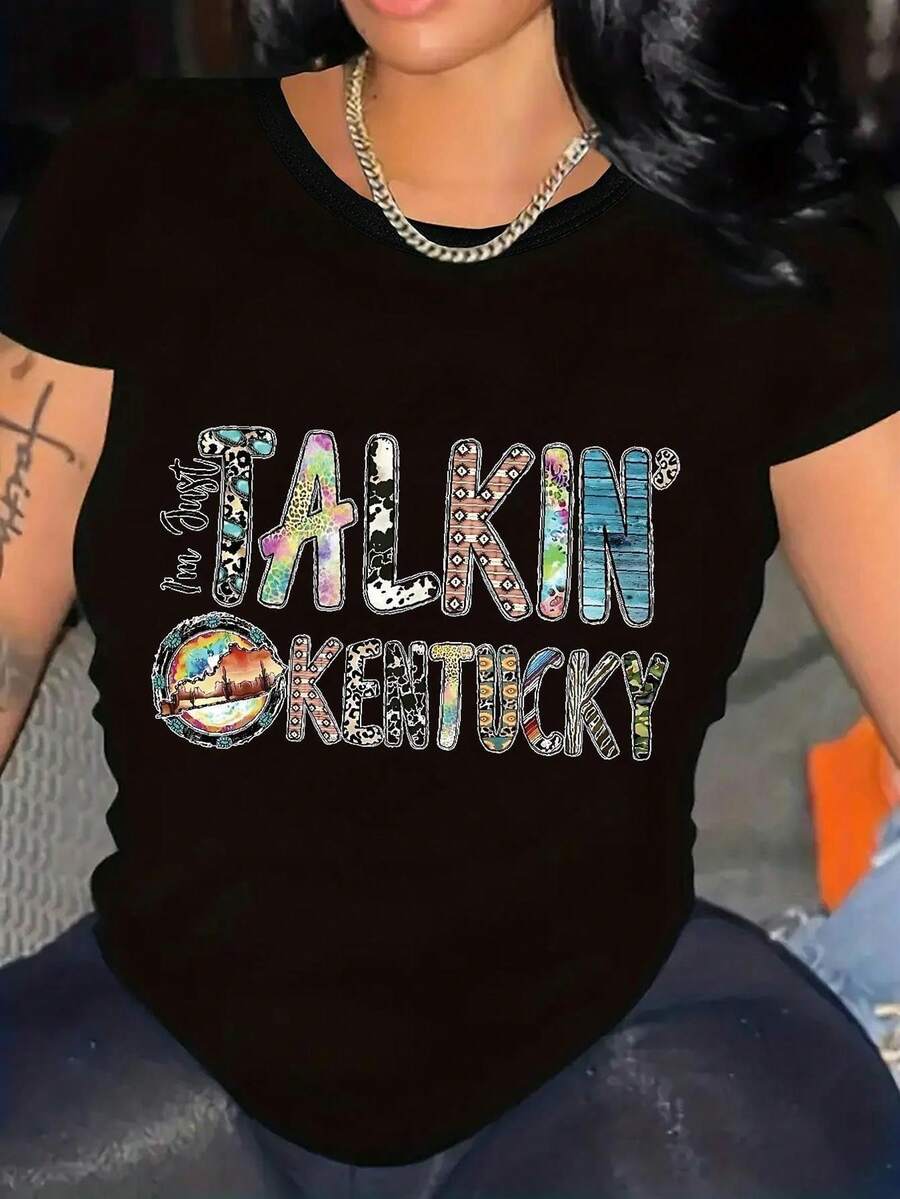 Women's Kentucky Flag T-Shirt - Retro Short Sleeve Crew Neck Stretch Blue And Green THANKIN (Not TALKIN) Design, Comfortable And Casual Kentucky Pride Shirt, Ideal For Spring, Summer, Autumn, Workout Or Everyday Wear - 黑色 - 查看 1