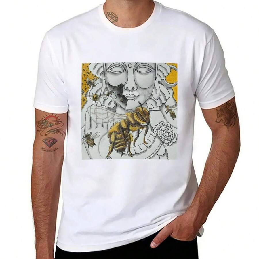 Camiseta de manga corta Bees of Bhramari, ideal para el trabajo. Confeccionada en algodón puro de 220 g, es una prenda de manga corta para hombre y mujer. Su tejido grueso es resistente a las arrugas y no se deforma fácilmente. De estilo sencillo y versátil, es ligera y transpirable, perfecta para ir al trabajo, viajar, acampar, ir de compras y para el tiempo libre. - Blanco - Ver 1