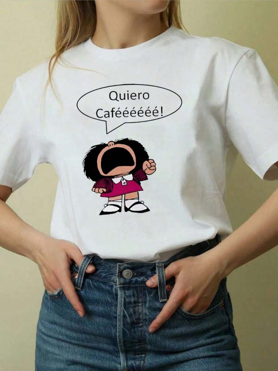 Camiseta de manga corta para mujer, 1 pieza, camiseta de mujer con la frase en español Quiero Café - Blusa de manga corta con cuello redondo, top compatible adecuado para uso diario, lavable aáquina, camisa casual elegante con estampado de frases en español, - Camiseta cómoda para mujeres. - Blanco - Ver 1