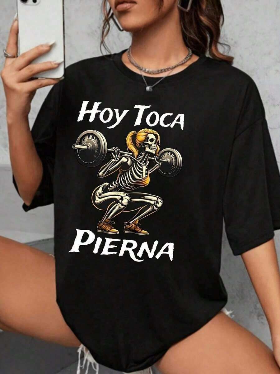 Camiseta Divertida "Hoy Toca Pierna" para Gimnasio con Diseño de Calavera Fitness, Ideal para Enthusiastas del Deporte, Disponible en Varias Tallas y Colores, Moda Casual de Verano, Ropa Deportiva Popular. - Negro - Ver 1