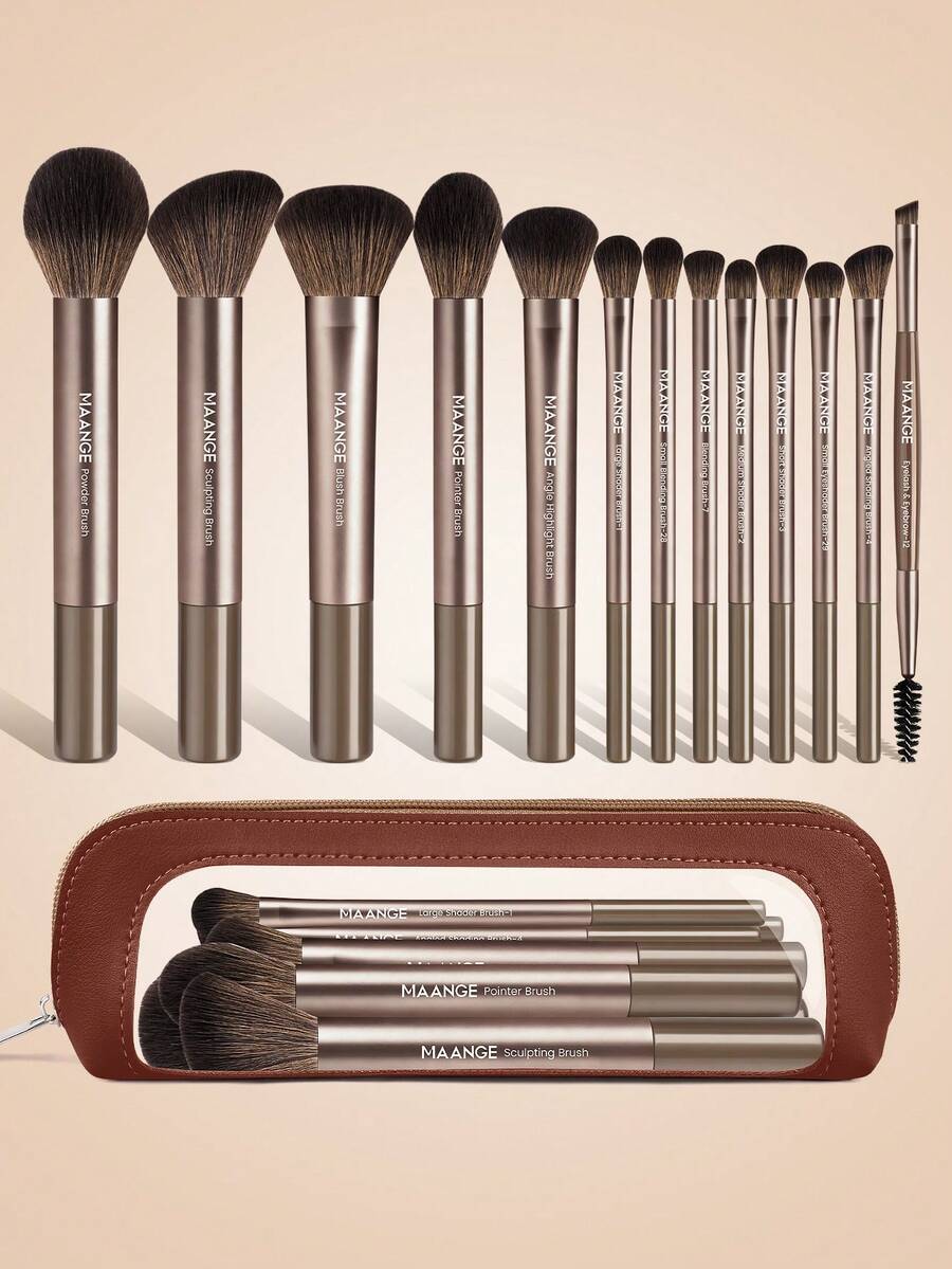 MAANGE 13/14pcs Professional Makeup Brush Set With Brush Bag, Including Powder Brush, Blush Brush, Concealer Brush, Contour Brush, Nose Brush, Eye Shadow Brush, Eyebrow Brush, Detail Brush, Foundation Brush, Face Brush, Highlighter Brush, Suitable For Powder, Liquid And Cream Products, Ideal For Daily Use And Travel, Also A Great Makeup Accessory Gift For Friends