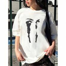 Camiseta Gráfica de Algodón para Mujer, Estilo Vintage, Manga Corta, Cuello Redondo, Suave, Transpirable, Informal, para Verano, Estampado de Rostro en Blanco y Negro, Estética Y2K - Blanco - Ver 1