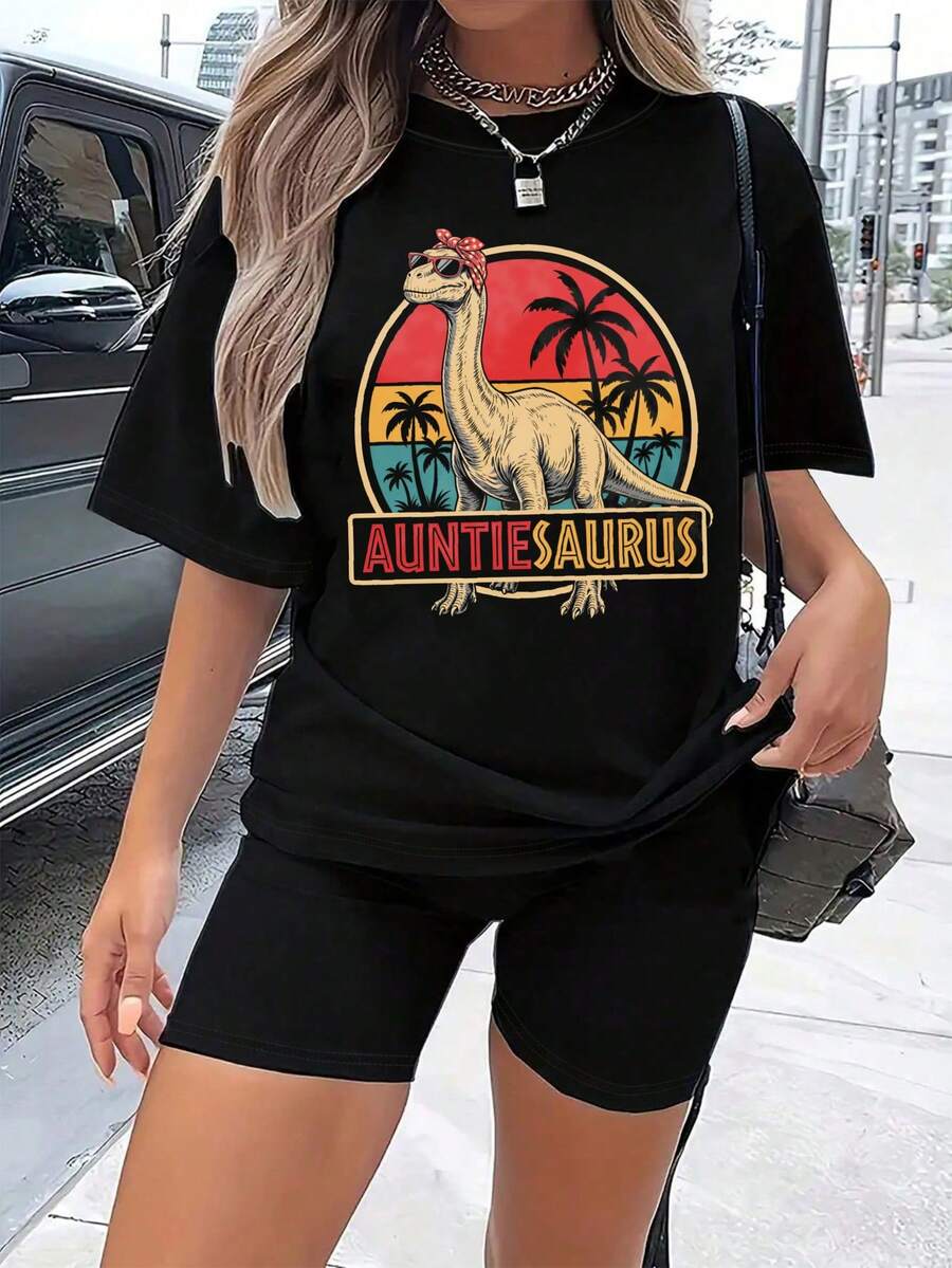 1 Unisex 180g T-Shirt, Round Neck, Loose Fit, With Retro Print Of Dinosaurs And Sunset Palm Trees, Y2K Style Inspired By And, 100% Cotton, Versatile For Summer, Festivals And Streetwear. - 黑色 - 查看 1