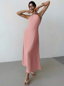 Vestido largo suelto sin mangas y sin espalda, elegante para vacaciones y fiestas, romántico y de moda para el verano, la playa - Rosa - Ver 7