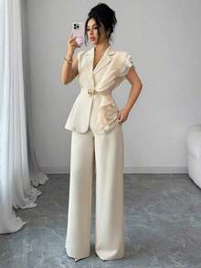 Traje formal elegante de mujer color albaricoque, conjunto de blazer con cuello de volantes de organza con lentejuelas y cintura con lazo, que incluye chaqueta sin mangas y pantalones rectos, color burdeos, adecuado para Halloween, Navidad, - Albaricoque - Ver 4
