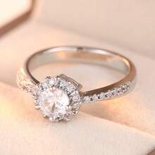 Fashionable Minimalist Round Cut Cubic Zirconia Center Stone Ring, Handmade Jewelry Suitable For Wedding Banquet, Perfect Gift For Women - Silver - View 5