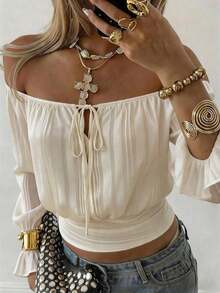 Lucivie Blusa blanca elegante y casual de hombros descubiertos para el verano - Blusa de manga larga con volantes y puños a rayas transparentes con lazo delantero, perfecta para vacaciones en la playa, fiestas y uso diario casual, conjunto elegante casual para vacaciones en la playa y eventos de noche, versátil para vacaciones de verano, fiestas y ropa de estar en casa - Albaricoque - Ver 10