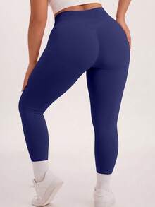 NcmRyu 1pc Women's Solid Color Ruched Waist Slim Fit Plus Size Sports Pants - Navy Blue - View 7