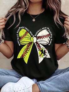 CHICLY19 Camiseta de Algodón con Estampado de Moño para Mamá de Béisbol y Sóftbol, Camiseta Deportiva para Mujer con Frases de Mamá, Top Negro Casual de Manga Corta y Cuello Redondo de Corte Holgado, Camiseta de Algodón con Estética Deportiva para Mamás de Béisbol y Sóftbol, blusa casual mujer, playeras de mujer algodón - Rojo - Ver 7