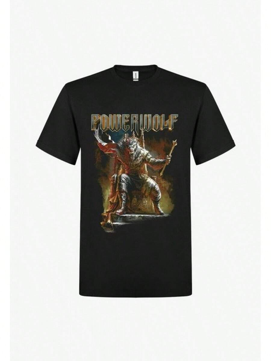 Camiseta unisex de manga corta, negra, con un lobo feroz que lleva una corona y armadura, sentado en un trono, sosteniendo un cetro con púas, con las llamativas letras metálicas "POWERWOLF" escritas encima. - Negro - Ver 1
