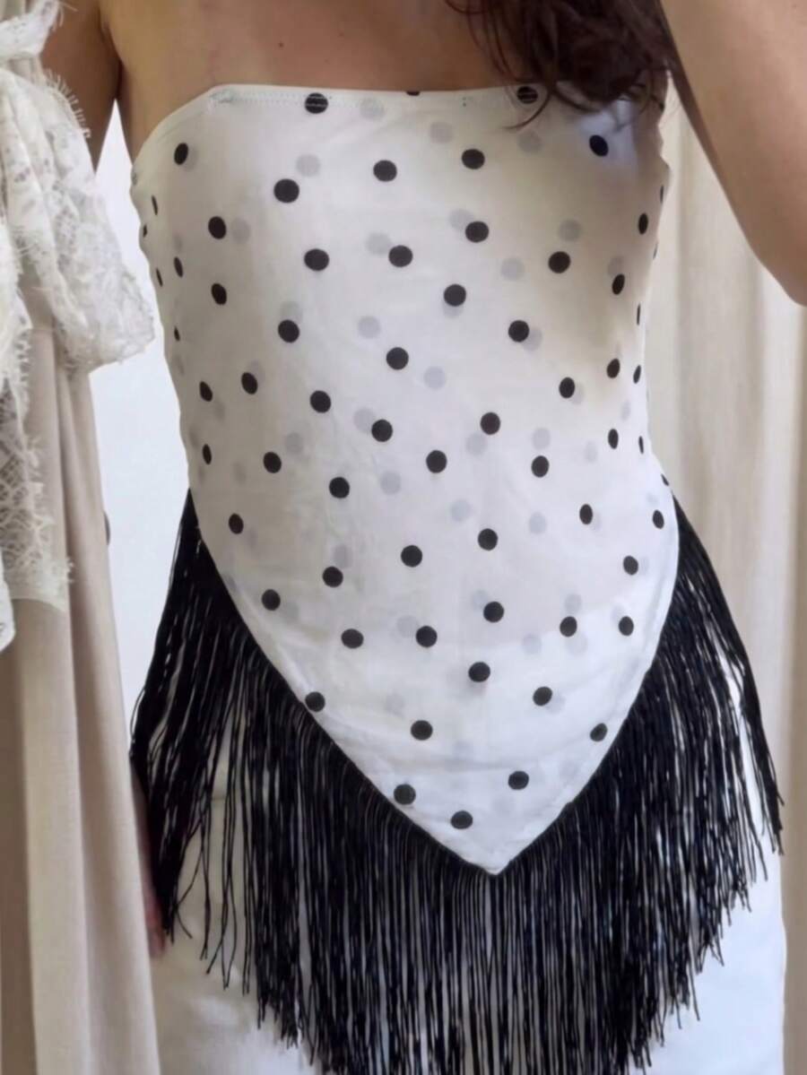 女士性感无肩带流苏下摆上衣，波点针织面料不对称露背短款上衣，适合海滩、夜间外出、约会、旅行 - 黑與白 - 查看 1