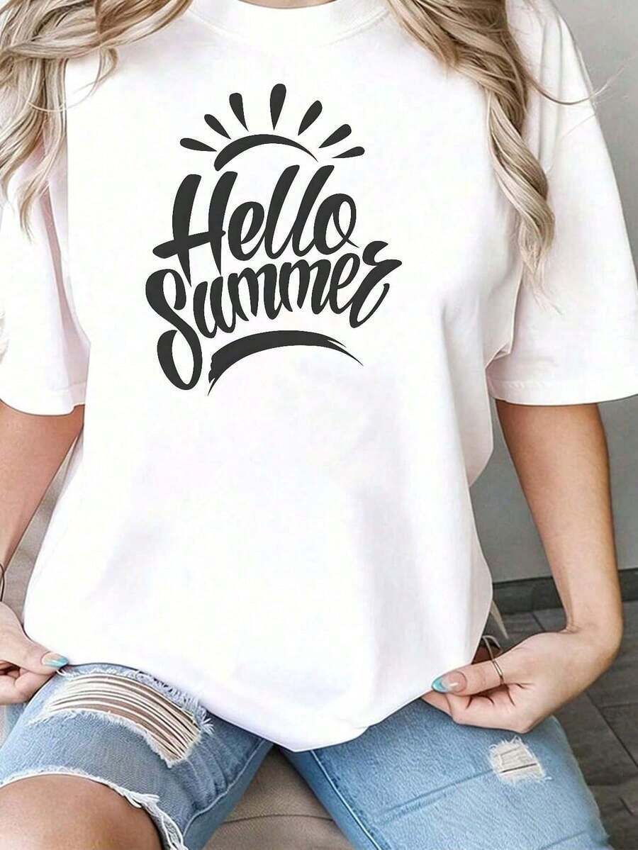 CasualCamiseta Holgada para Mujer Blanca con Estampado "Hello Summer" y Sol, Cuello Redondo de Manga Corta, Top Casual de Verano, Ropa Cómoda para Vacaciones y Uso Diario, Estilo RelajadoMust-have - Blanco - Ver 1