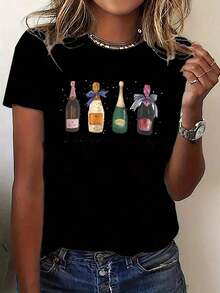 CasualFresh And Elegant, Wo'S Short-Sleeve T-Shirt - Featuring A Delicate Wine Bottle Illustration Design, Machine Washable, Easy To Wear Casual Sports Round-Neck Top, Made Of, Suitable For All Seasons, Available In A Variety Of Colors And SizesMust-Have - 黑色 - 查看 7