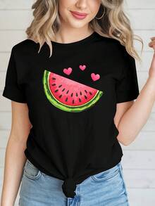 Plus Size Women's Watermelon Print T-Shirts, Casual Short Sleeve Crew Neck Tops For Spring And Summer, Plus Size Clothing For Women, Fashion Clothing - 黑色 - 查看 4