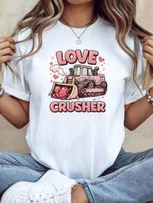 Camiseta de Mujer Love Crusher Pink Bulldozer con Estampado de Corazón, Estilo Europeo de Verano, Dulce y Fresca, Cuello Redondo, Prenda Versátil para Uso Diario y Urbano, Estilo Festivo, Ropa de Mujer, Camiseta Casual de Talla Estándar para Mujer, Transpirable, Ligera, de Manga Corta. - Blanco - Ver 1