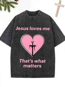 1 Vintage T-Shirt With A Pink Heart-Shaped Cross And Thorn Print, 100% Pure Cotton, Washed, Casual And Urban Style, Suitable For Going Out, Wearing At Home, Winter Holidays, And The Best Gift For Family And Friends. 180g 100% Cotton - 黑色 - 查看 6