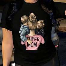 Camiseta para Mujer Super Mamá con Estampado de Madre y Niños Diseño de Familia Cuello Redondo Manga Corta Negra Talla Grande - Negro - Ver 7