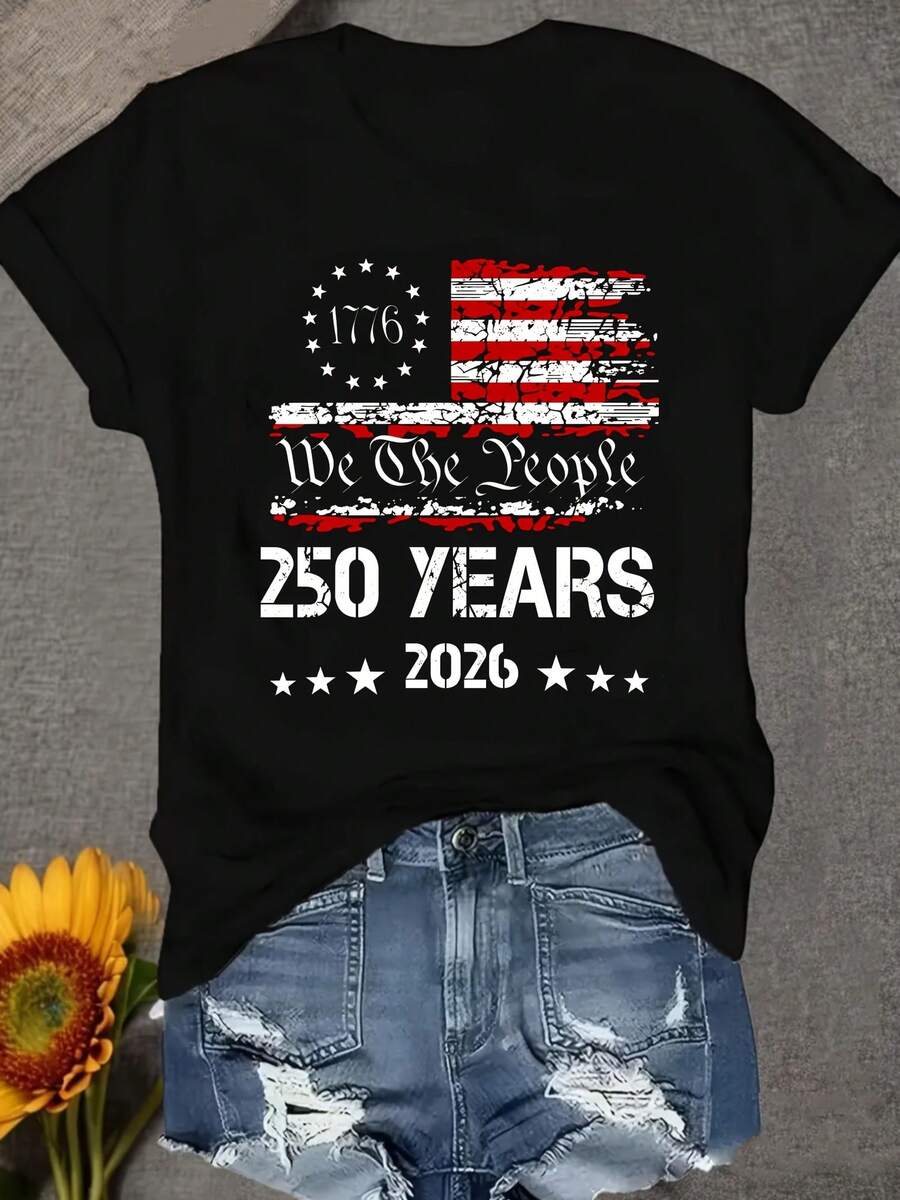 Camiseta Deportiva Casual para Mujer - Camiseta Negra de Bandera Desgastada con Motivo del 250 Aniversario 2026, Elástica y de Cuello Redondo, Lavable aáquina, Ajuste Cómodo para Todas las Estaciones, para Combinar con Pantalones Cortos de Mezclilla. - Negro - Ver 1