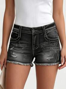 Shorts de mezclilla rectos sin elasticidad de talle medio para mujer, diseño desgastado y dobladillo deshilachado, estilo casual - Gris - Ver 1
