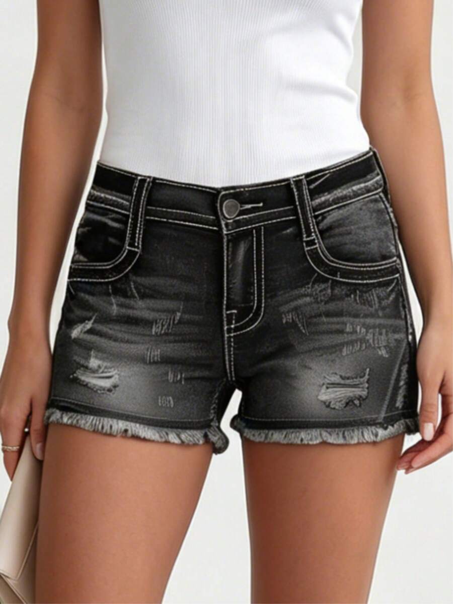 Shorts de mezclilla rectos sin elasticidad de talle medio para mujer, diseño desgastado y dobladillo deshilachado, estilo casual - Gris - Ver 1
