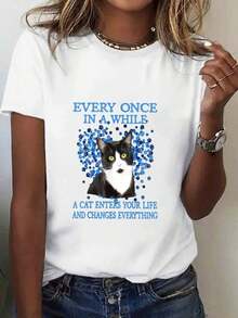 Loose 1pc, 100% Pure, Cat And Paw Print Pattern T-Shirt, Spring And Summer Crew Neck Short Sleeve Women's, Pure Breathable Casual Sports Top, Holiday Gift 100% Cotton Basic Crew Neck Cotton T-Shirt For Women - 白色的 - 查看 1