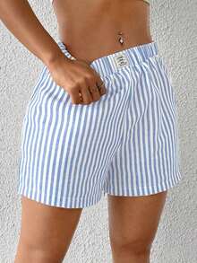 Shorts tejidos de mujer con rayas azules - Azul y blanco - Ver 6