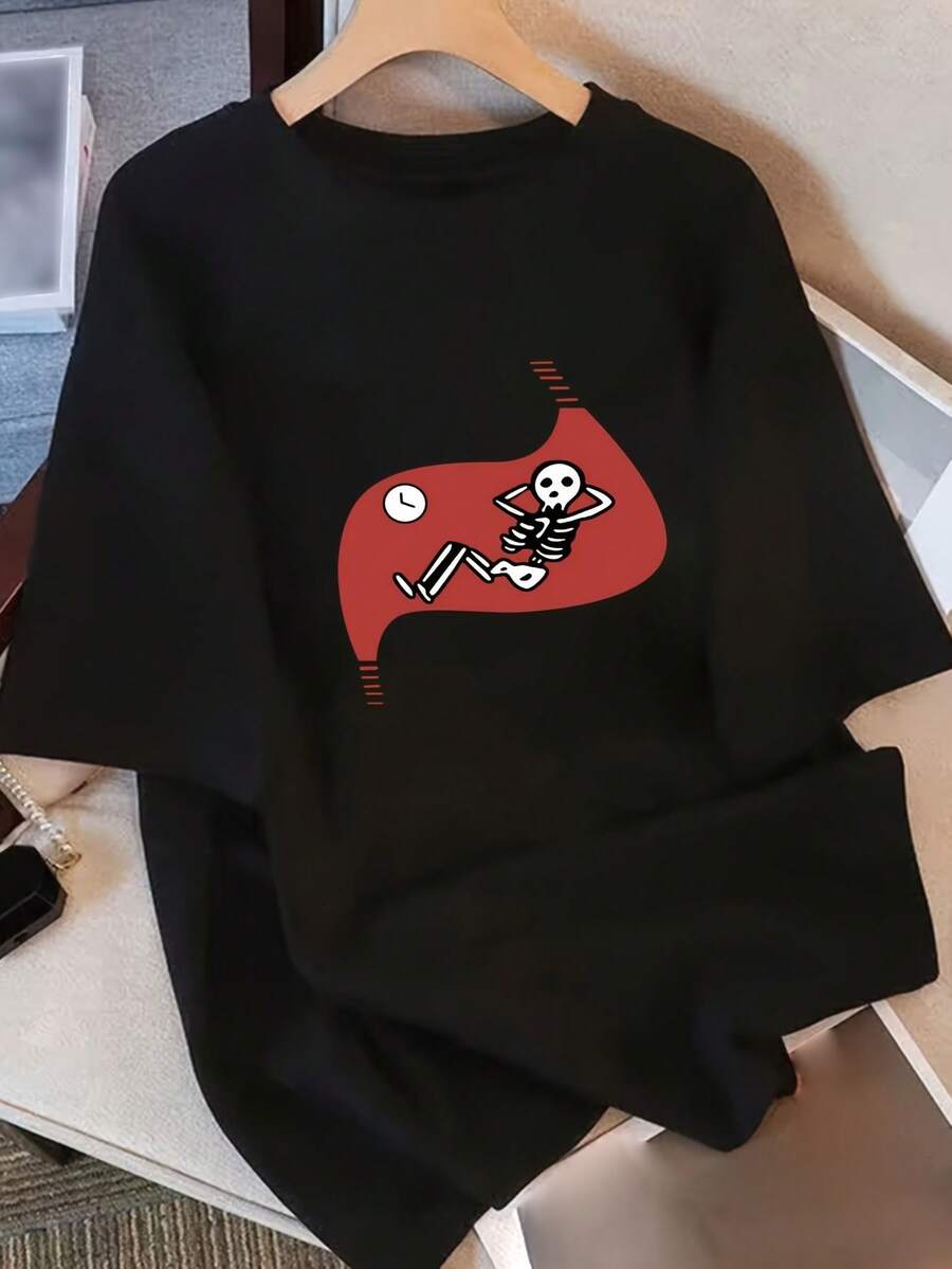 Camiseta Pura para Mujer Manga Corta Diseño de Nicho y Estampado 2025 Verano Nuevo Top Holgado de Manga Media y Ajustado para Mujer - Negro - Ver 1