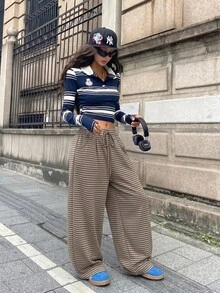 女士长款涤纶阔腿裤，带口袋，略带弹性的面料 - 摩卡棕 - 查看 3
