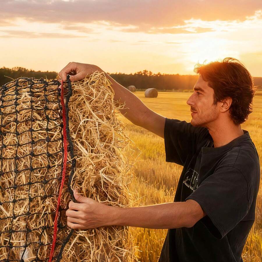 Round Bale Hay Net, 4.92 X 4.92 X 4.92 Ft, 1.75 Inch Holes, PE Material, Reinforced Knotted Design, With Zip Ties, Needle Shuttle, And Repair Twine, Slow Feeder Round Bale Net For Horses - Medium Mesh, Knotted, 5*5*5 ft - 查看 1