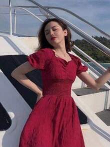 Vestido vintage de estilo francés para mujer, con escote cuadrado rojo, cintura entallada y largo medio. - Burdeos - Ver 4