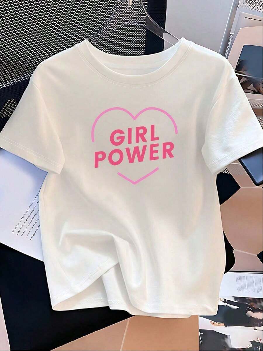 Women's Vintage T-Shirt With Pink Heart Graphic Print And 'POWER' - Soft Crew Neck Short Sleeve Casual Top, Machine Washable For Everyday Wear And Holidays, Empowering Slogan Clothing For Women, Fashionable T-Shirt For All Seasons. - 白色 - 查看 1