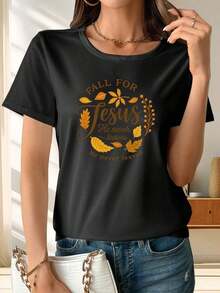 Nuevas llegadas para el verano. Camiseta estampada de otoño, casual, de manga corta y cuello redondo. Camiseta de cuello redondo, nuevo estilo. Blusa, camisa > Hermosa. - Negro - Ver 11