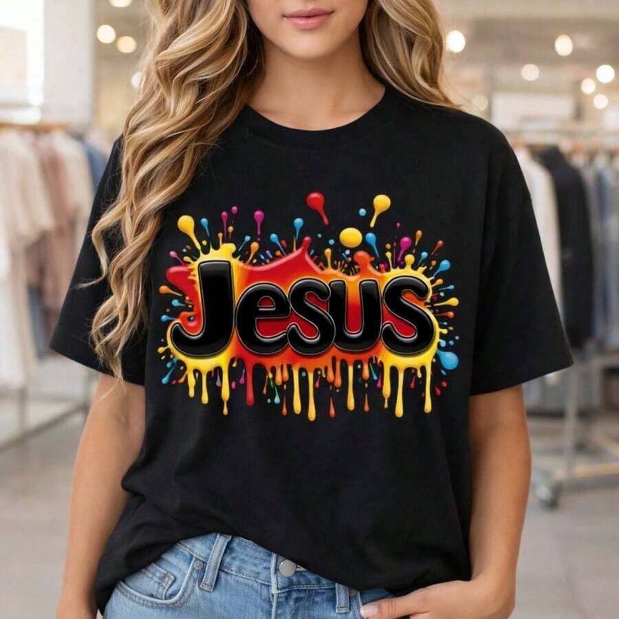 Women's Casual Cotton T-Shirt With Jesus Print, Short Sleeve, Religious Print, Loose Fit, Round Neck, Comfortable Cotton Top For Daily Wear, Colorful Jesus Letter Print, Religious Clothing, Soft Cotton Fabric, Breathable Casual T-Shirt. - 黑色 - 查看 1