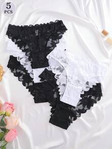 5件套纯色及花卉蕾丝印花荷叶边设计舒适性感女士内裤套装，适合日常穿着及特殊场合。 - 彩色 - 查看 6