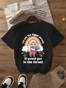 Camiseta de talla grande para mujer con estampado divertido de gato arcoíris y la frase "Te golpearé en la garganta" - Camiseta negra con eslogan sarcástico y diseño lindo, de manga corta y cuello redondo, lavable a máquina, adecuada para conjuntos de primavera y verano. - Negro - Ver 7