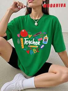 Y2K Style,  Style, The Newest Of 2026, Cute Style, Casual Style. Women's Plus Size T-Shirt, 100% Soft Cotton, Fashionable For Summer, Y2K Cleanfit Style, Slim Fit, Colorful, ABC Teacher Design, Perfect Gift For Teachers, School Professors, Back To School, Teacher Appreciation, Casual, Perfect For All Seasons, Women's T-Shirts 180g (Sizes S-XXXL) - 綠色的 - 查看 5