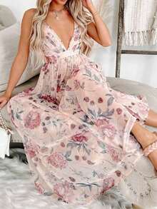 Acelitt Vestido de tirantes finos con cuello en V profundo, cintura alta, plisado y espalda descubierta, con estampado floral, adecuado para boda, dama de honor, vacaciones de primavera, fiesta elegante - Rosa - Ver 4