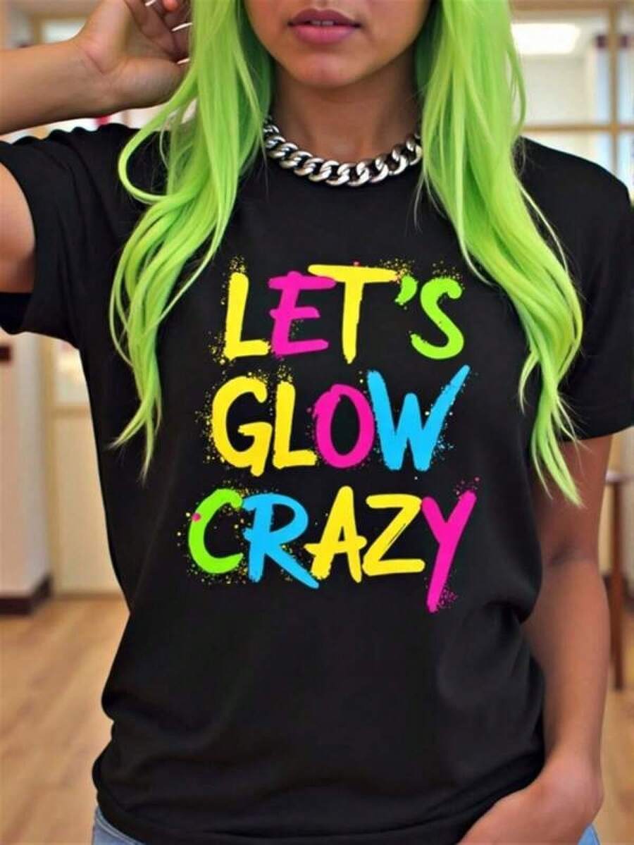 Camiseta unisex de manga corta, para mujerY2KLuminosoNeónGráficoTee-NegroConColoridoVamos aResplandorLocoImprimir,CortoMangaTripulaciónCuelloInformalSuperior,MáquinaLavableCamisaPerfectoParaFestividades,Discotecas,YInformalDesgaste,PrimaveraYVeranoFashionplayerashombre, , , Dazymujer,romwehombres, bohochic,maestrasregalos,camisetaparaconjuntos de mujercon curvasparamu,y2k, - Negro - Ver 1