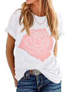Camiseta de Mujer con Estampado de Rosas, Corte Holgado, Manga Corta, Estilo Casual, Cuello Redondo, Estilo Boyfriend - Blanco - Ver 11