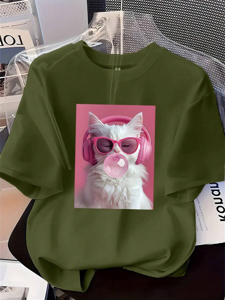 Camiseta de manga corta para mujer, estampada con diseño de gato, cuello redondo, estilo casual para todas las estaciones, ideal para vacaciones de verano. - Verde - Ver 1