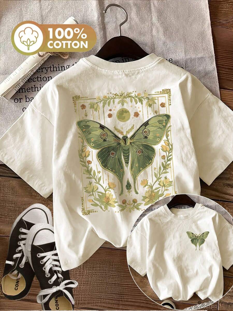 Edición Limitada: Camiseta Casual de Verano para Mujer con Estampado de Doble Cara de Estilo Vintage con Polillas y Plantas, Cuello Redondo, Manga Corta, Algodón Ligero - Albaricoque - Ver 1