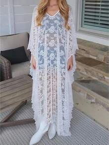 Vestido Kaftan Largo de Encaje Floral para Mujer, Cuello en V y Manga Murciélago, Holgado y Fluido para Playa en Verano - Blanco - Ver 1