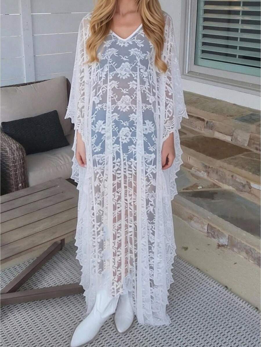 Vestido Kaftan Largo de Encaje Floral para Mujer, Cuello en V y Manga Murciélago, Holgado y Fluido para Playa en Verano - Blanco - Ver 1