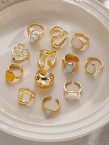5/12pcs Set Fashionable Bohemian Geometric Hollow Asymmetric Abstract Design Faux Pearl Adjustable Gold Tone Faux Gemstone Colorful Ring Set, Jewelry Accessories Suitable For Women's Daily And Party Decoration, Gift - Yellow Gold - View 3