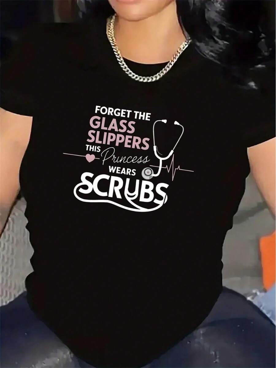 Camiseta de manga corta de algodón de diseño sencillo, diseñada específicamente para entornos médicos, es duradera y cómoda, con estampados inspiradores, lo que la hace especialmente adecuada para su uso en hospitales o clínicas. El cofre presenta un diseño de estetoscopio y texto motivador, diseñado específicamente para el personal médico. Elegante y práctico. - Negro - Ver 1