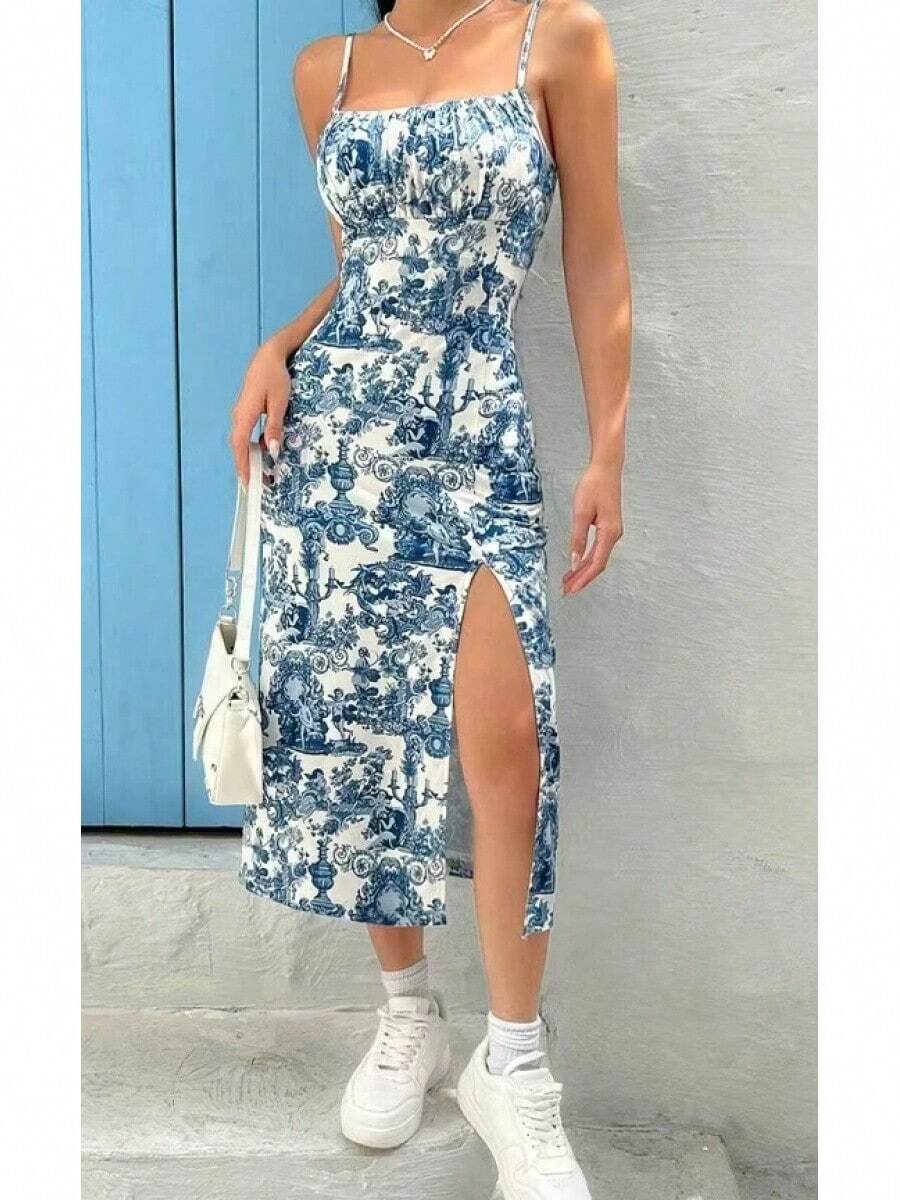 Otoño 2025 Vestido largo Sin tirantes Envoltura en el pecho Abertura alta Estampado de leopardo y margaritas Falda envolvente Vestido largo - Rojo - Ver 1
