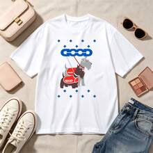 Retro, Kawaii, Dog Lover, 100% Cotton, Oversized, Soft Breathable, Casual Crewneck, Short Sleeve Top, Summer Vibes, Streetwear - Blanco - Ver 1