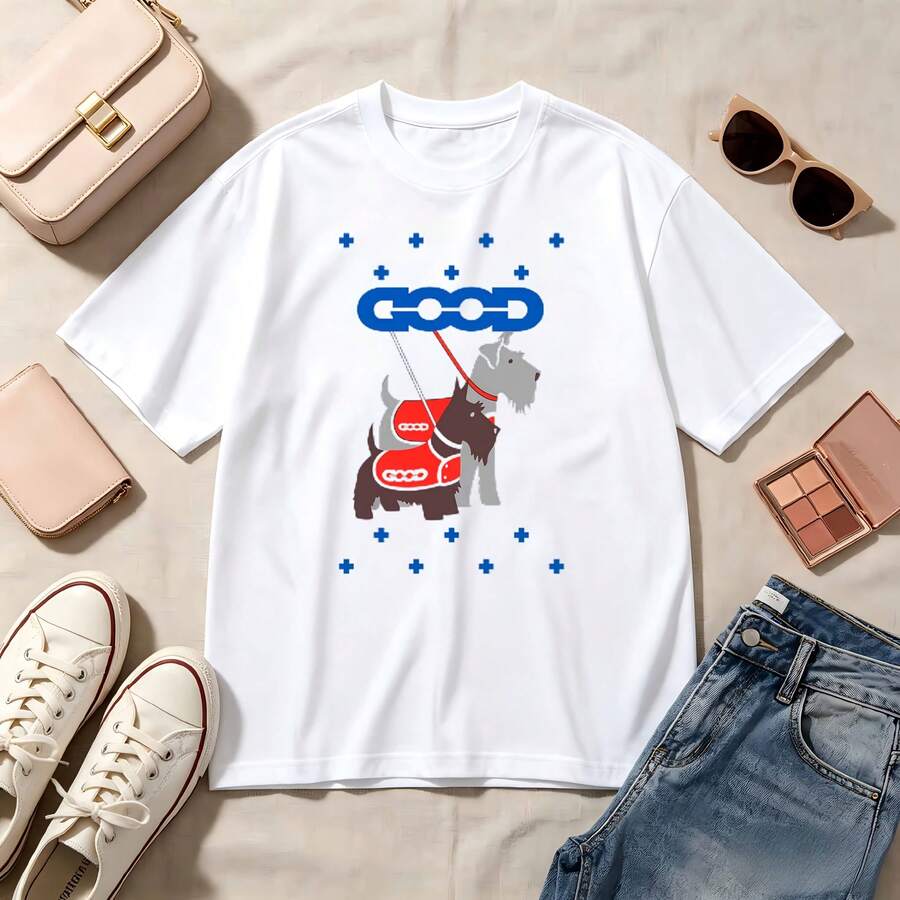 Retro, Kawaii, Dog Lover, 100% Cotton, Oversized, Soft Breathable, Casual Crewneck, Short Sleeve Top, Summer Vibes, Streetwear - Blanco - Ver 1